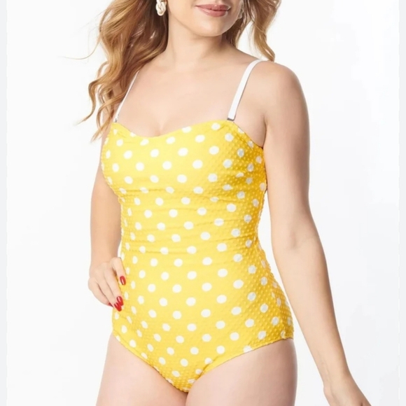 Unique Vintage Barbara One Piece Swimsuit 3X Yellow White Polka Dot Retro Pinup - Picture 1 of 14
